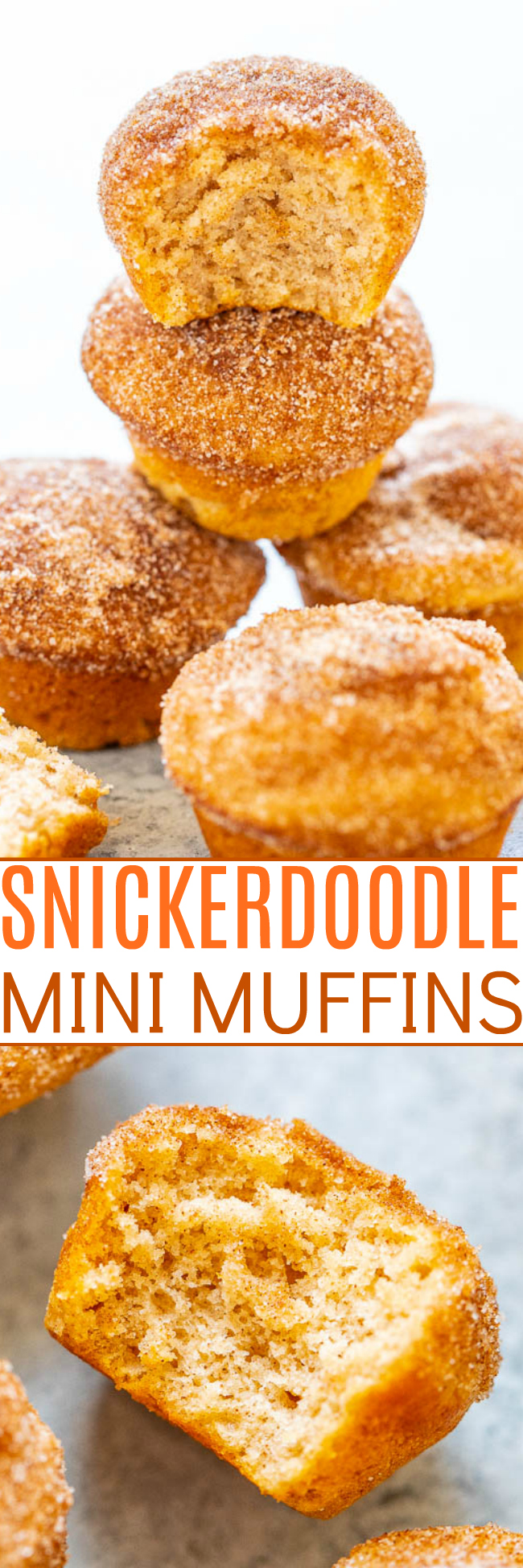 Mini Snickerdoodle Muffins — Bite size muffins that are coated in cinnamon-sugar that will remind you of snickerdoodle cookies, but in adorable mini muffin form!! Soft, tender, an EASY recipe that's ready in 30 minutes, and so IRRESISTIBLE!!