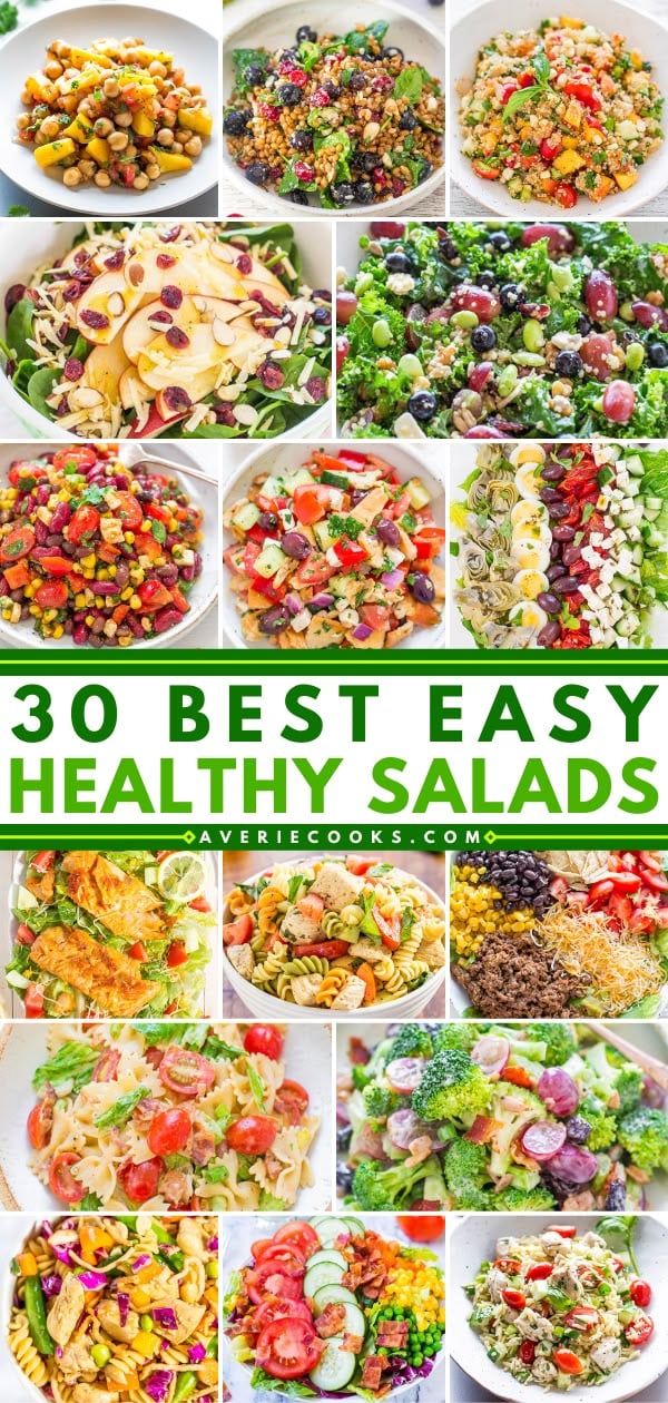 A collage of various vibrant salads in bowls, displaying a mix of vegetables, beans, fruits, and grains, with text: “30 Best Easy Healthy Salads averiecooks.com” in the center.