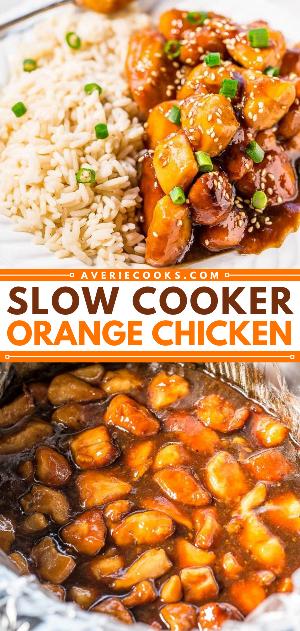 Slow Cooker Orange Chicken — The easiest orange chicken ever because your slow cooker does all the work!! Super juicy, tender, and coated with a sweet-yet-tangy orange glaze that's irresistible!!