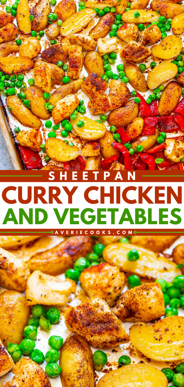 Baked Curry Chicken and Vegetables — An EASY Indian-inspired meal that's ready in 30 minutes, made on ONE pan, and great for meal prep or busy weeknights!! There's so much CURRY FLAVOR in every bite!!