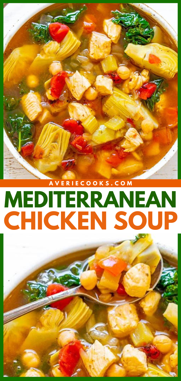 30-Minute Chicken and Vegetable Mediterranean Soup — An EASY soup that's both HEALTHY and HEARTY!! Loaded with tender chicken, vegetables, garbanzo beans, and more! Ready so fast and it's perfect for busy chilly winter weeknights!!