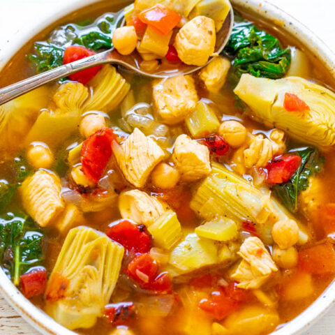 30-Minute Mediterranean Chicken Soup - An EASY soup that's both HEALTHY and HEARTY!! Loaded with tender chicken, vegetables, garbanzo beans, and more! Ready so fast and it's perfect for busy chilly winter weeknights!!