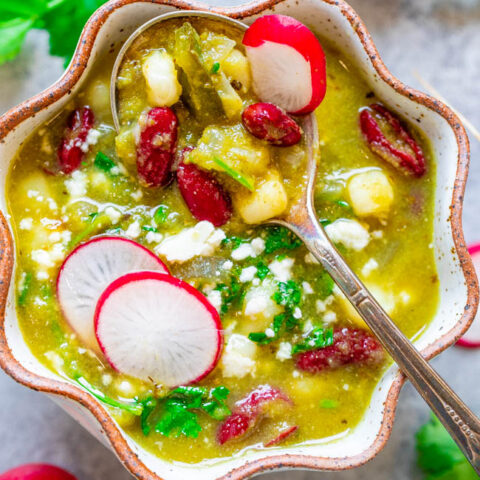 20-Minute Easy Vegan Pozole Verde - Think pozole needs meat? Think again! You'll never miss the meat in this EASY, hearty, and satisfying pozole that's full of authentic Mexican flavors!! PERFECT for busy weeknights and chilly weather!!