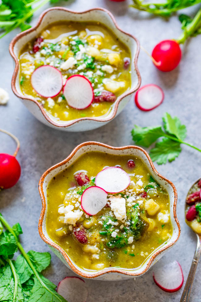 20-Minute Easy Vegan Pozole Verde - Think pozole needs meat? Think again! You'll never miss the meat in this EASY, hearty, and satisfying pozole that's full of authentic Mexican flavors!! PERFECT for busy weeknights and chilly weather!!