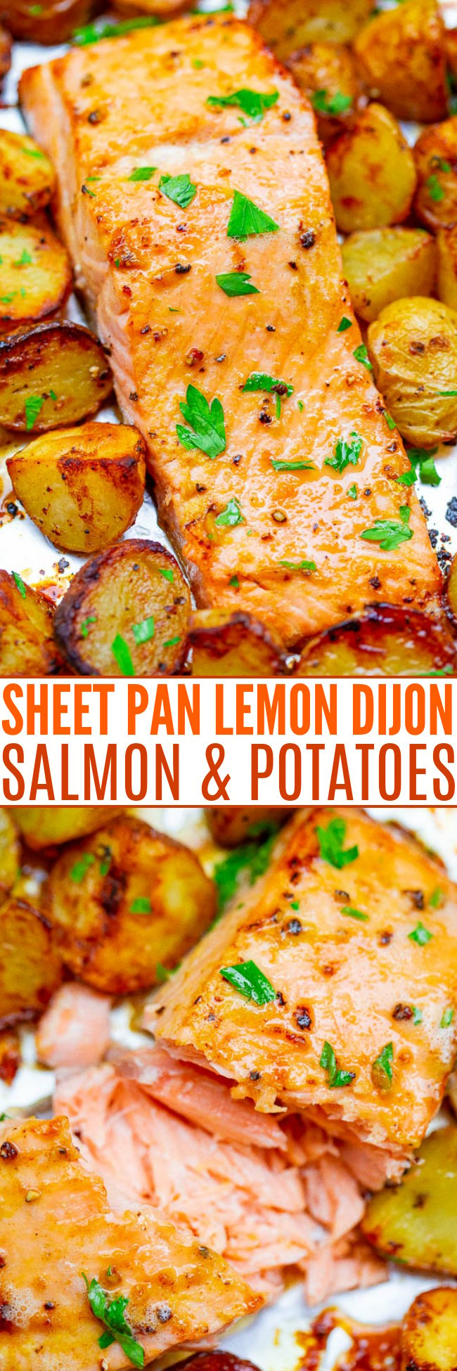 One-Pan Salmon and Potatoes — This baked salmon and potatoes recipe is ready in 25 minutes, the lemon butter and Dijon mustard add so much FLAVOR, and it's made on ONE sheet pan!! EASY comfort food for busy weeknights!!