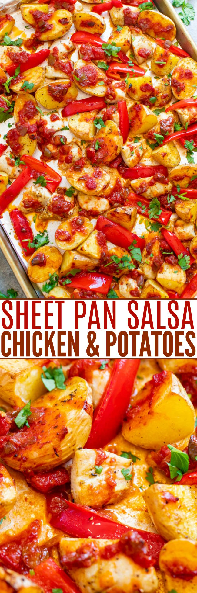 Sheet Pan Baked Salsa Chicken and Potatoes — An EASY dinner that's ready in 30 minutes and made on ONE pan with so much FLAVOR!! The salsa keeps the chicken so juicy for a winner-winner-chicken-dinner that's perfect for busy nights!!
