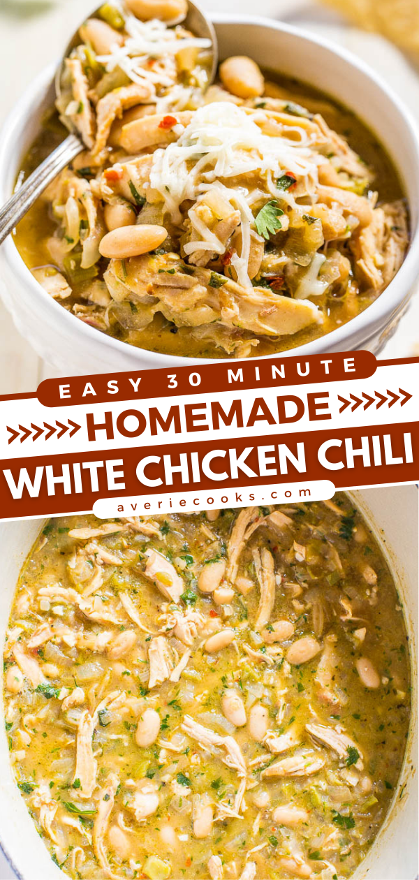 Easy 30-Minute Homemade White Chicken Chili — Hearty, healthy, loaded with tender chicken, and packed with bold flavor!! Fast and easy comfort food that everyone loves!! It'll be on rotation all winter!!