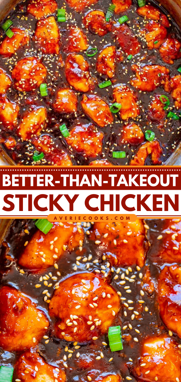 Better-Than-Takeout Sticky Chicken — Stop calling for takeout or going to the mall food court and make this AMAZING sticky chicken at home in 15 minutes!! So EASY with the perfect balance of sweet and spicy with plenty of sticky sauce!! 