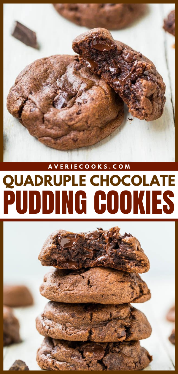 Quadruple Chocolate Pudding Cookies — These pudding cookies are packed with cocoa powder, chocolate chips and chunks, and chocolate pudding mix to deliver seriously chocolatey flavor!