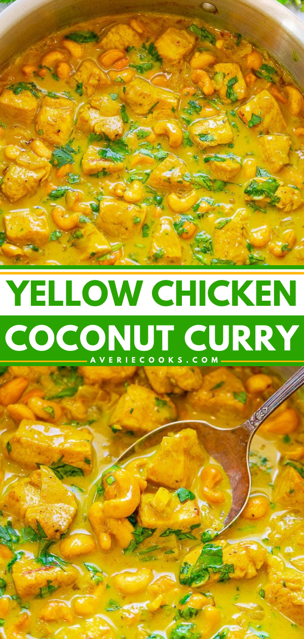 Yellow Chicken Coconut Curry (Chicken Korma) — An EASY Indian recipe you can make at home in 25 minutes that tastes like it's from a restaurant!! Chicken, cashews, and spices are simmered in coconut milk for the WIN!!