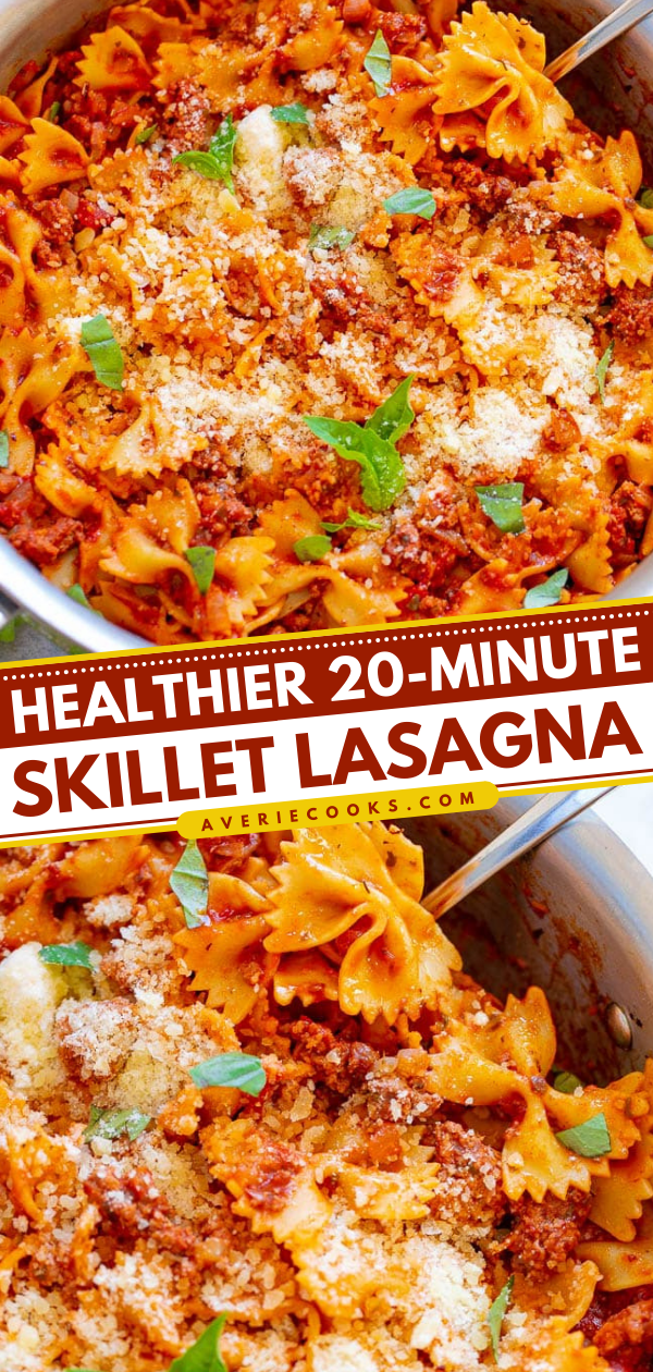Healthier 20-Minute Skillet Lasagna - A fast, EASY, SKINNIER way to enjoy lasagna - in skillet form!! Comfort food without the guilt! Warm pasta and beef topped with tomato sauce and Parmesan is IRRESISTIBLE!!