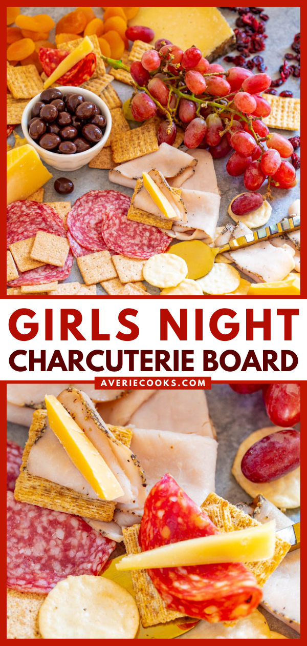 How to Build a Charcuterie Board — A SALTY-SWEET mix of meats, cheeses, fruit, chocolate almonds, Triscuits, Wheat Thins, GOOD THiNS, and more for your next GIRLS-NIGHT-IN!! There's something for everyone on this EASY-TO-ASSEMBLE board!!