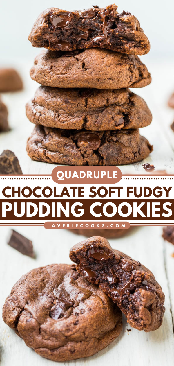 Quadruple Chocolate Pudding Cookies — These pudding cookies are packed with cocoa powder, chocolate chips and chunks, and chocolate pudding mix to deliver seriously chocolatey flavor!