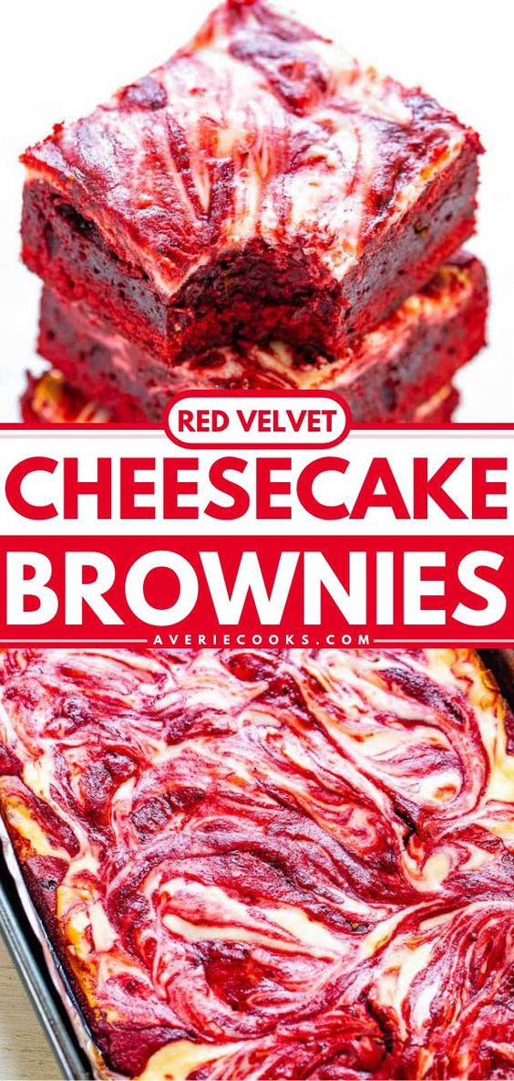 Red Velvet Cheesecake Brownies — Rich, decadent, red velvet brownies topped with tangy cream cheese swirls!! PERFECT for Valentine’s Day, the Christmas season, or anytime you’re craving red velvet! EASIER than you think to make!!