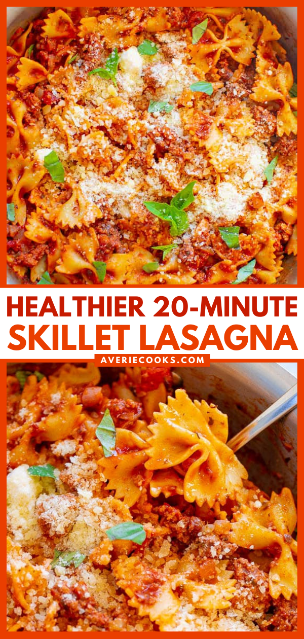 A quick and healthier skillet lasagna ready in 20 minutes, as seen on averiecooks.com.