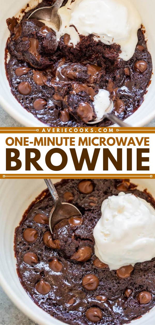 One-Minute Microwave Brownie — When chocolate cravings strike, make this EASY brownie recipe in one bowl, without a mixer, and it's ready in ONE MINUTE!! Rich, FUDGY, decadent, and accidentally vegan!! (no dairy, no butter, no eggs!)
