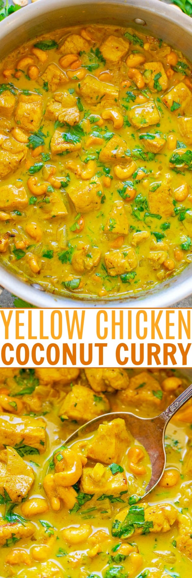 Yellow Chicken Coconut Curry (Chicken Korma) - An EASY Indian recipe you can make at home in 25 minutes that tastes like it's from a restaurant!! Chicken, cashews, and spices are simmered in coconut milk for the WIN!!