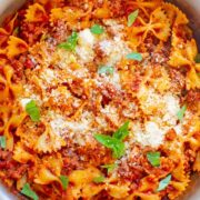 Healthier 20-Minute Skillet Lasagna - A fast, EASY, SKINNIER way to enjoy lasagna - in skillet form!! Comfort food without the guilt! Warm pasta and beef topped with tomato sauce and Parmesan is IRRESISTIBLE!!