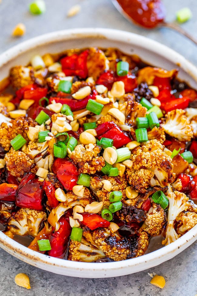 Kung Pao Cauliflower - An EASY recipe that has salty-sweet-tangy-spicy flavors all in one!! Don't call for takeout when you can make this HEALTHY dish at home in 20 minutes! You won't believe how AUTHENTIC it tastes!!
