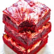 Red Velvet Cheesecake Brownies - Rich, decadent, red velvet brownies topped with tangy cream cheese swirls!! PERFECT for Valentine's Day, the Christmas season, or anytime you're craving red velvet! EASIER than you think to make!!
