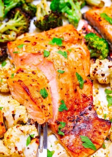 10-Minute Sheet Pan Dijon Lemon Salmon and Vegetables – Juicy salmon and crisp-tender vegetables coated with a buttery Dijon honey lemon sauce for an explosion of FLAVOR!! So EASY and ready so FAST!!