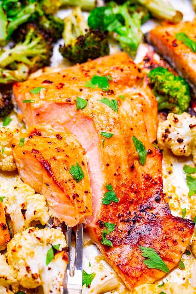 10-Minute Sheet Pan Dijon Salmon and Vegetables — Juicy salmon and crisp-tender vegetables coated with a buttery Dijon honey lemon sauce for an explosion of FLAVOR!! So EASY and ready so FAST!!