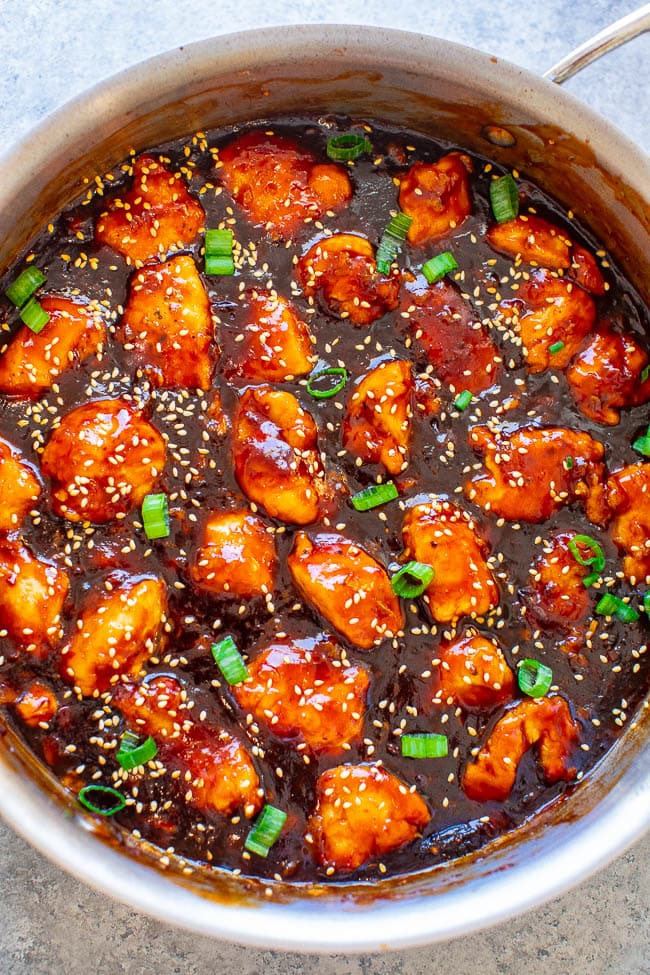 Overhead shot of Better-Than-Takeout Sticky Chicken in a pan