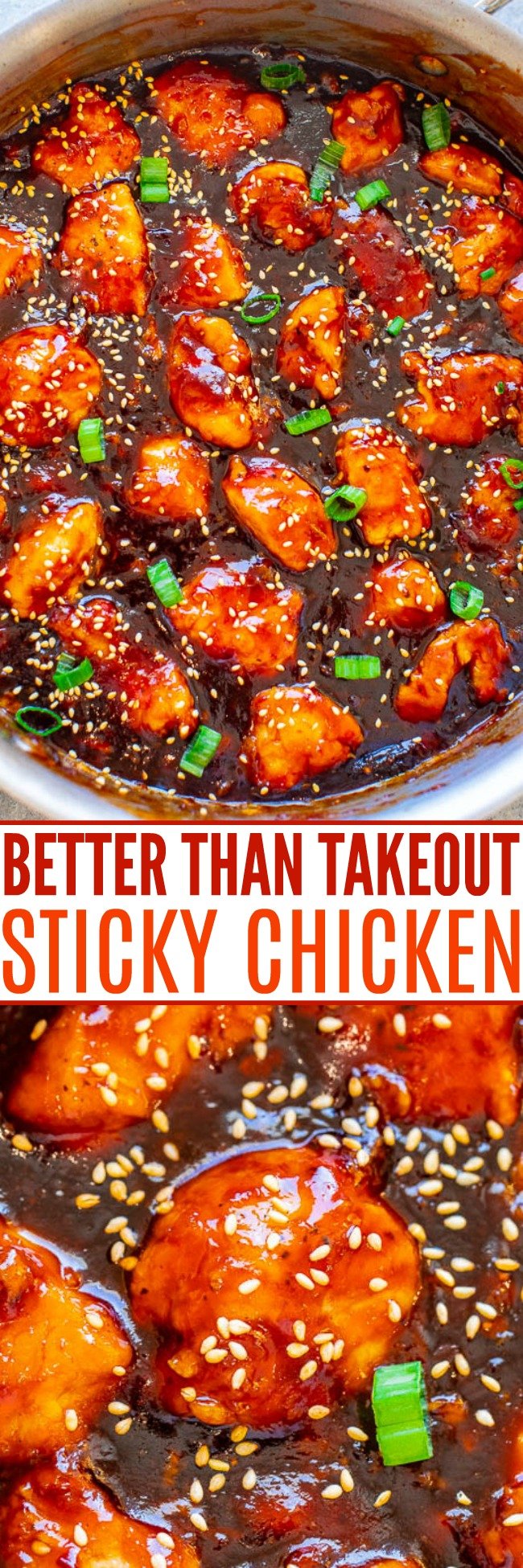 Better-Than-Takeout Sticky Chicken - Stop calling for takeout or going to the mall food court and make this AMAZING sticky chicken at home in 15 minutes!! So EASY with the perfect balance of sweet and spicy with plenty of sticky sauce!! 
