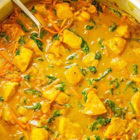 Yellow Thai Chicken Coconut Curry - Better-than-takeout yellow curry is EASY and ready in 25 minutes!! Healthy comfort food with the PERFECT amount of heat and lots of textures and flavors in every bite! Impress your friends and family and make this DELICIOUS curry at home!!