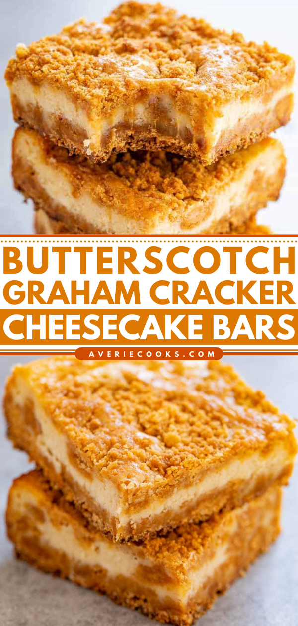 Butterscotch Cheesecake Bars — A super chewy crust made with butterscotch chips and graham cracker crumbs that also doubles as the topping!! The silky smooth tangy cheesecake layer is the PERFECT contrast! A simple recipe that FAR EXCEEDED expectations!!
