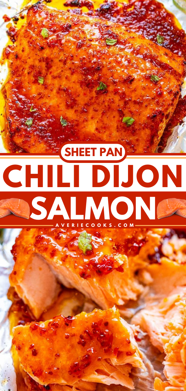 Sheet Pan Sweet Chili Salmon — A 5-ingredient salmon recipe that tastes like 5 STARS and is ready in 25 minutes!! Loaded with layers of incredible flavor from two types of chili sauce, Dijon mustard, and honey! You'll LOVE this salmon recipe!!