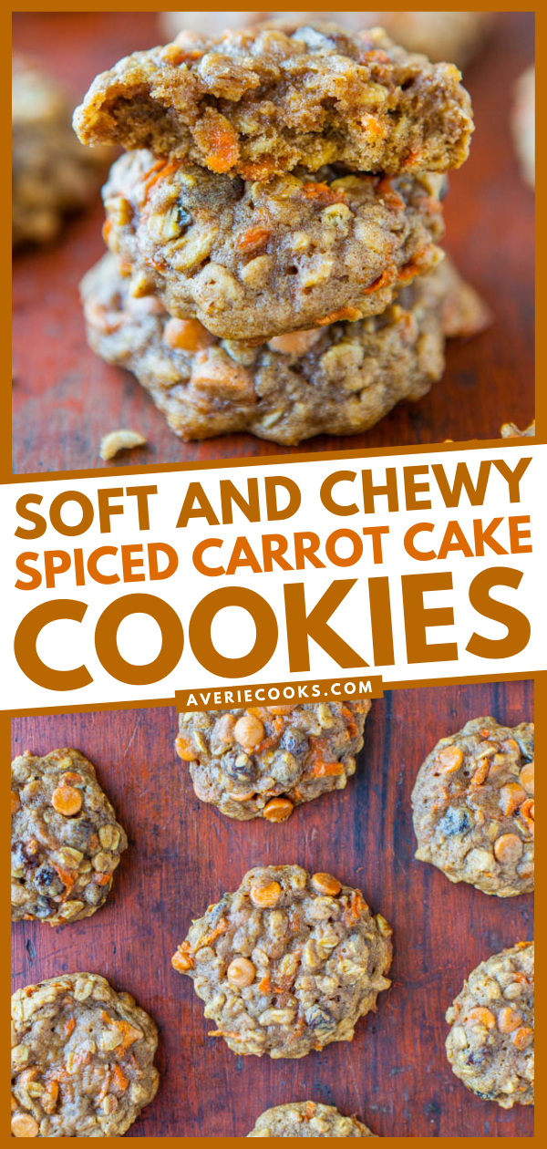 Spiced Carrot Cake Cookies — All the flavors of richly spiced carrot cake, but in cookie form! Soft, chewy, extremely moist, and not at all cakey!