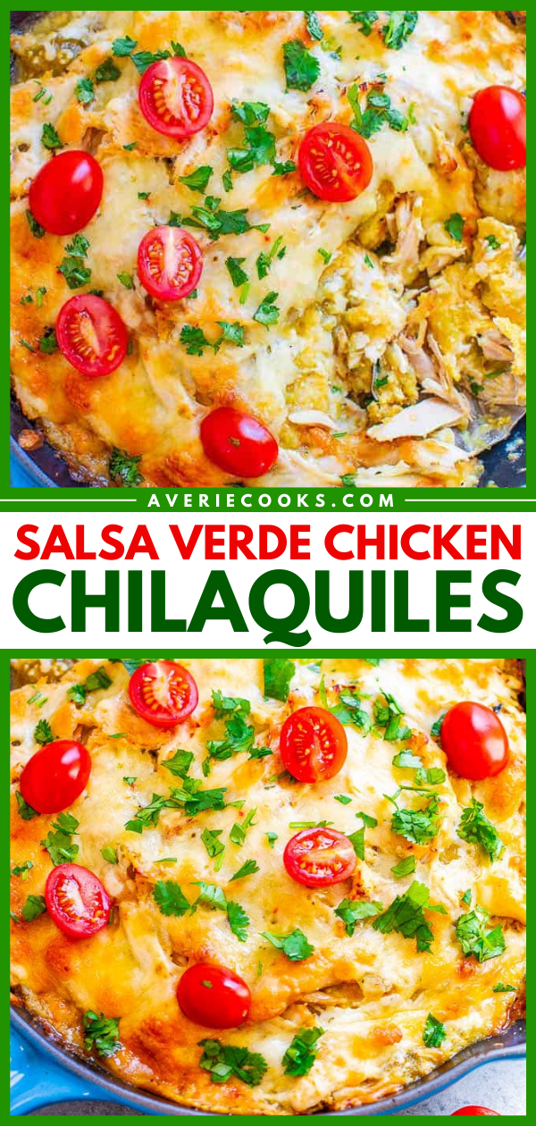Salsa Verde Chicken Chilaquiles — An EASY comfort food recipe with just FOUR main ingredients and ready in 30 minutes!! Green chilaquiles are made with layers of corn tostadas and juicy chicken smothered in salsa verde and melted pepper Jack cheese! Great for breakfast, dinner, snacks, a party appetizer or anything in between!!