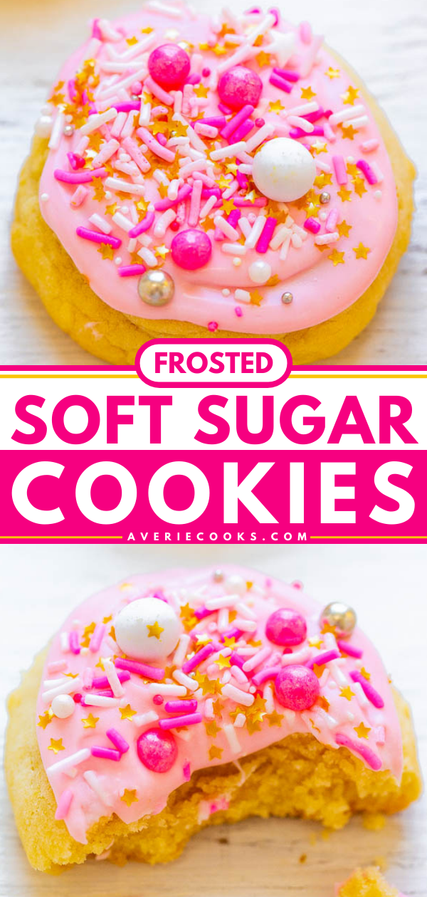 Frosted Soft Sugar Cookies — Super SOFT sugar cookies that just melt in your mouth!! To make things even better, they're topped with the BEST sugar cookie frosting! If you've ever thought that sugar cookies can be boring or dry, this EASY recipe with frosting and sprinkles will change your mind! 