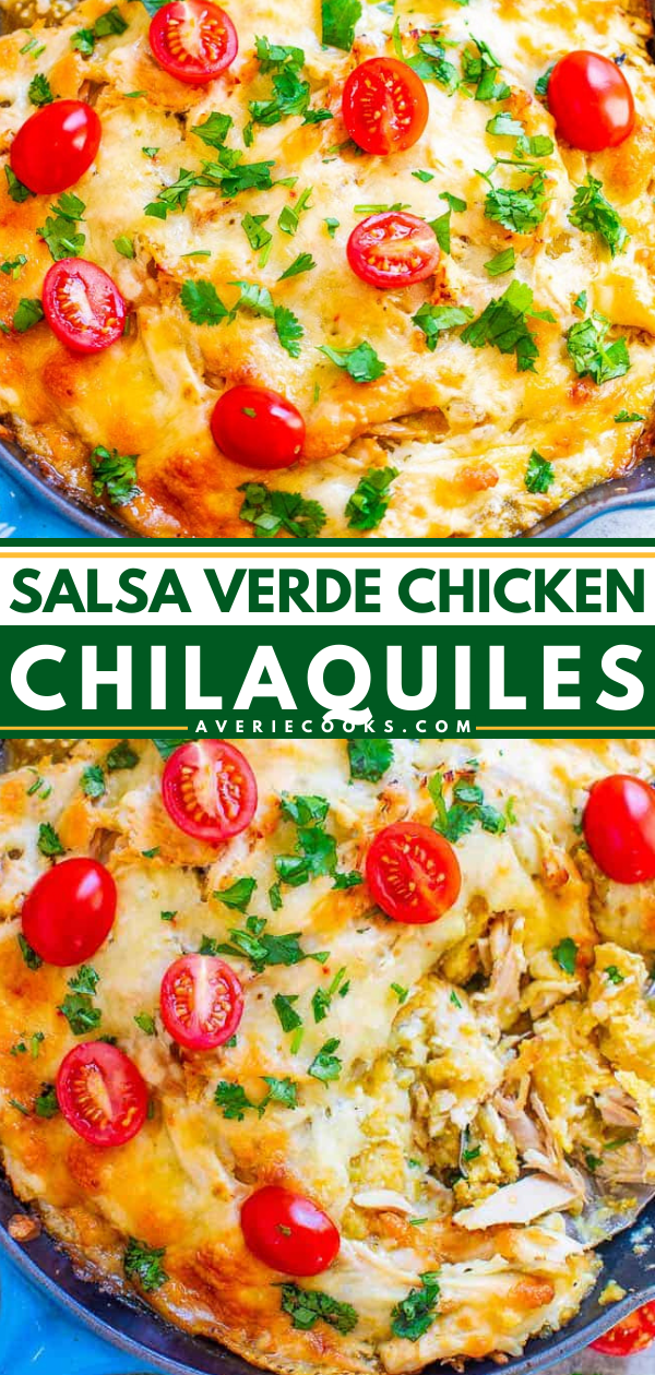 Salsa Verde Chicken Chilaquiles - An EASY comfort food recipe with just FOUR main ingredients and ready in 30 minutes!! Layers of corn tostadas and juicy chicken smothered in salsa verde and melted pepper Jack cheese! Great for breakfast, dinner, snacks, a party appetizer or anything in between!!