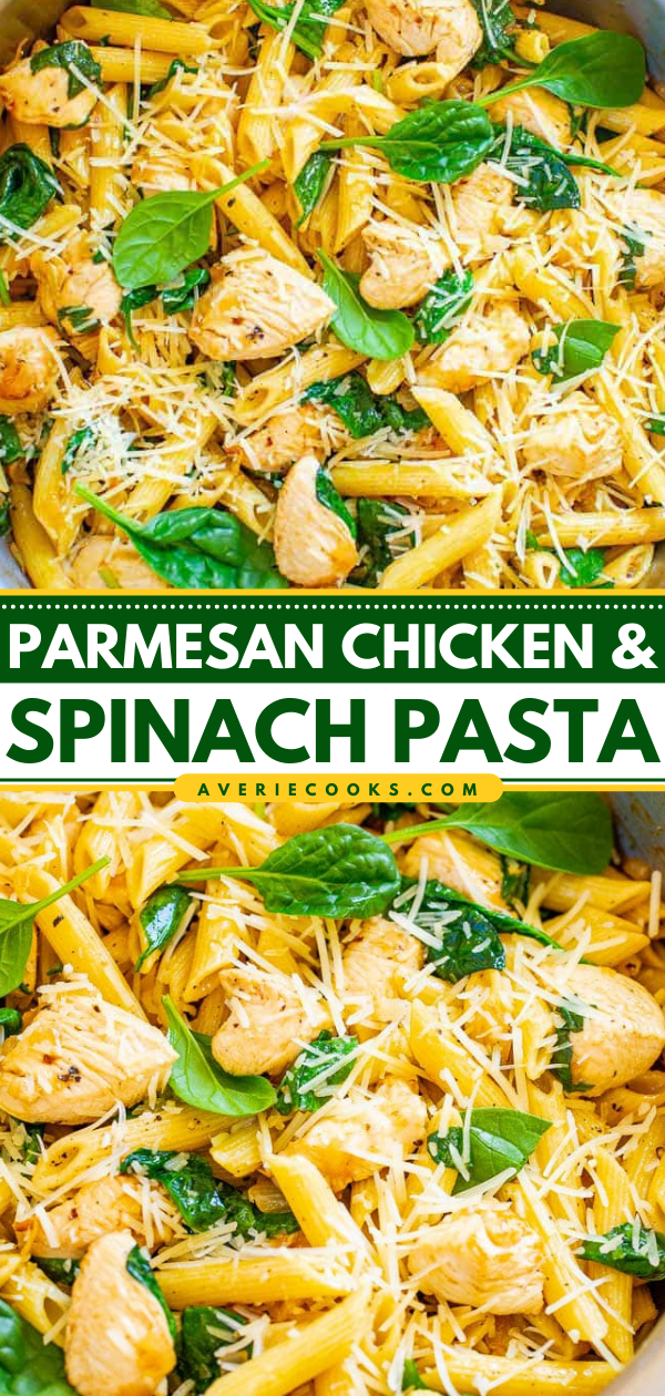 Lemony Chicken Spinach Pasta — EASY and ready in 20 minutes with comforting pasta, juicy chicken, a hint of lemon, and the PERFECT amount of Parmesan!! Great for busy weeknights and the extra is good for meal prepping!! 
