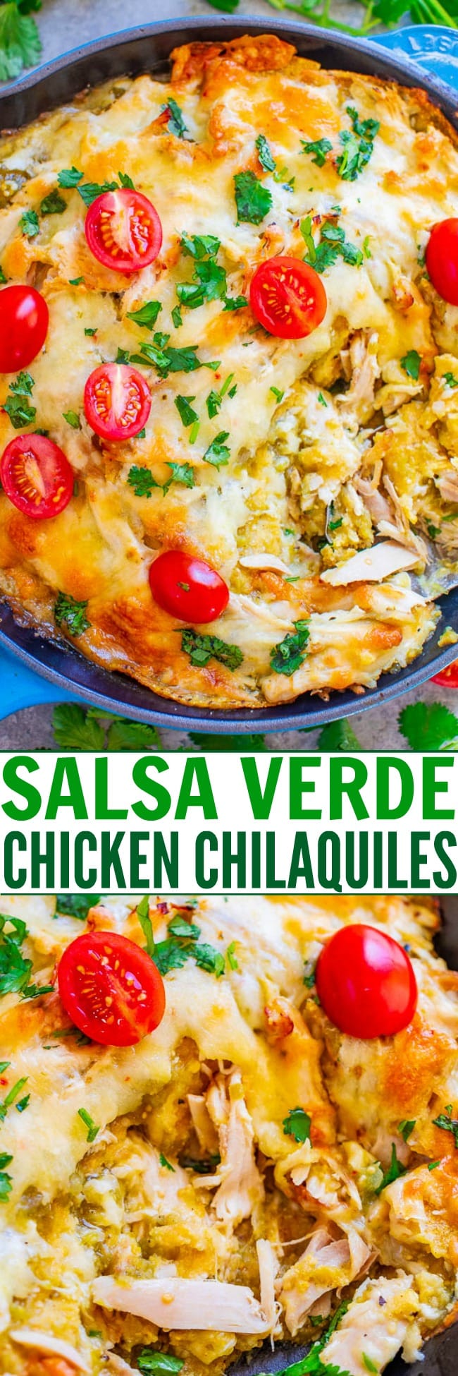 Salsa Verde Chicken Chilaquiles — An EASY comfort food recipe with just FOUR main ingredients and ready in 30 minutes!! Green chilaquiles are made with layers of corn tostadas and juicy chicken smothered in salsa verde and melted pepper Jack cheese!
