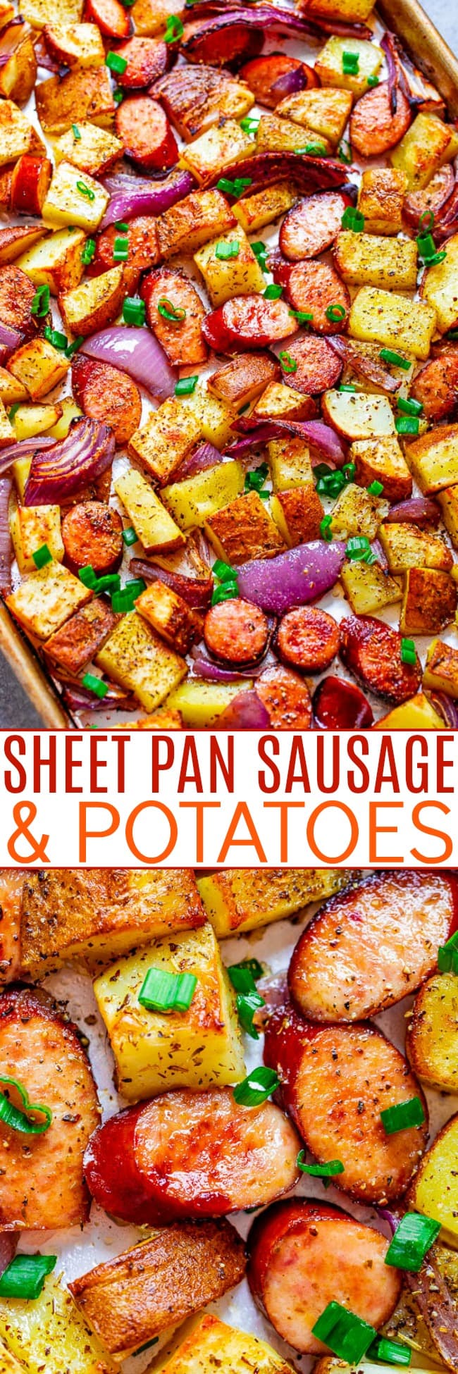 Sheet Pan Sausage And Potatoes  - This EASY sheet pan sausage dinner with just 5 ingredients can be made with your pre-cooked sausage of choice and is ready in 45 minutes!! Hearty comfort food with tons of FLAVOR and the recipe is super customizable!!
