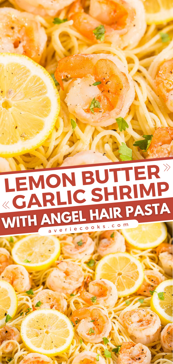 Lemon Butter Garlic Shrimp Pasta — Buttery noodles with juicy plump shrimp, flavored with lemon and garlic!! A family-friendly dinner recipe that's ready in 15 minutes and it's so EASY!!