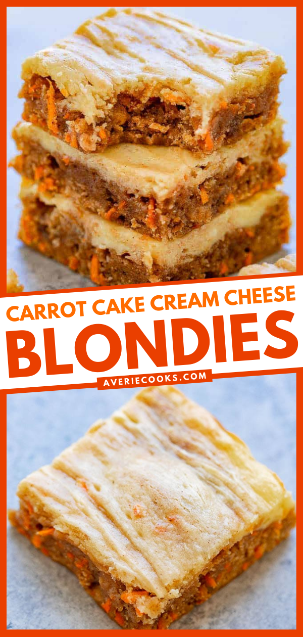 Cream Cheese Carrot Cake Bars — Dense, chewy, super moist bars that taste like carrot cake with a cream cheese topping that's baked right in so you don't need to worry about frosting them!! So much EASIER than making carrot cake but with similar flavors you will LOVE!!