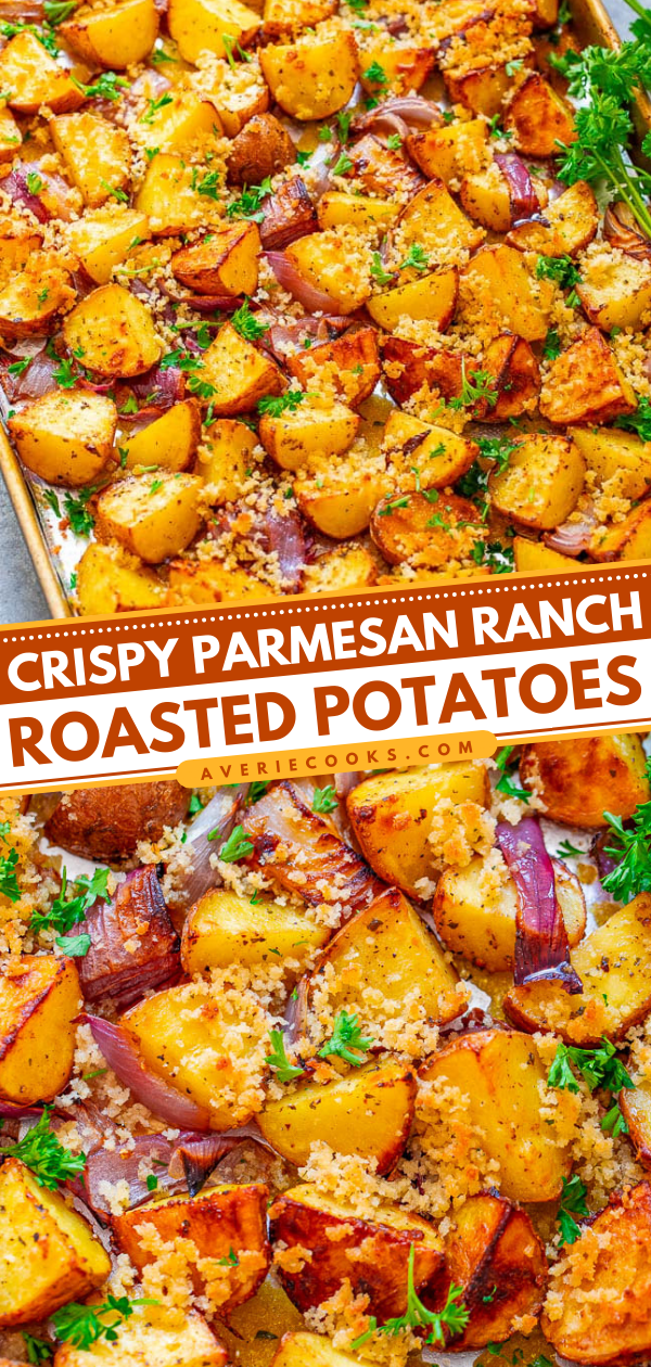 Crispy Parmesan Ranch Potatoes — The BEST roasted potatoes you'll ever eat!! Tender potatoes seasoned with ranch mix and topped with a CRISPY Parmesan breadcrumb topping! So DELICIOUS you don't even need a main course!!