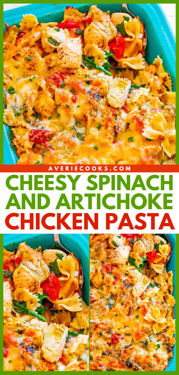 Cheesy Chicken Artichoke Pasta Bake — Imagine spinach and artichoke-flavored PASTA spiked with juicy chicken, red peppers, and TWO types of melted cheese!! A family favorite big-batch COMFORT FOOD PANTRY RECIPE that's great for meal prepping!!