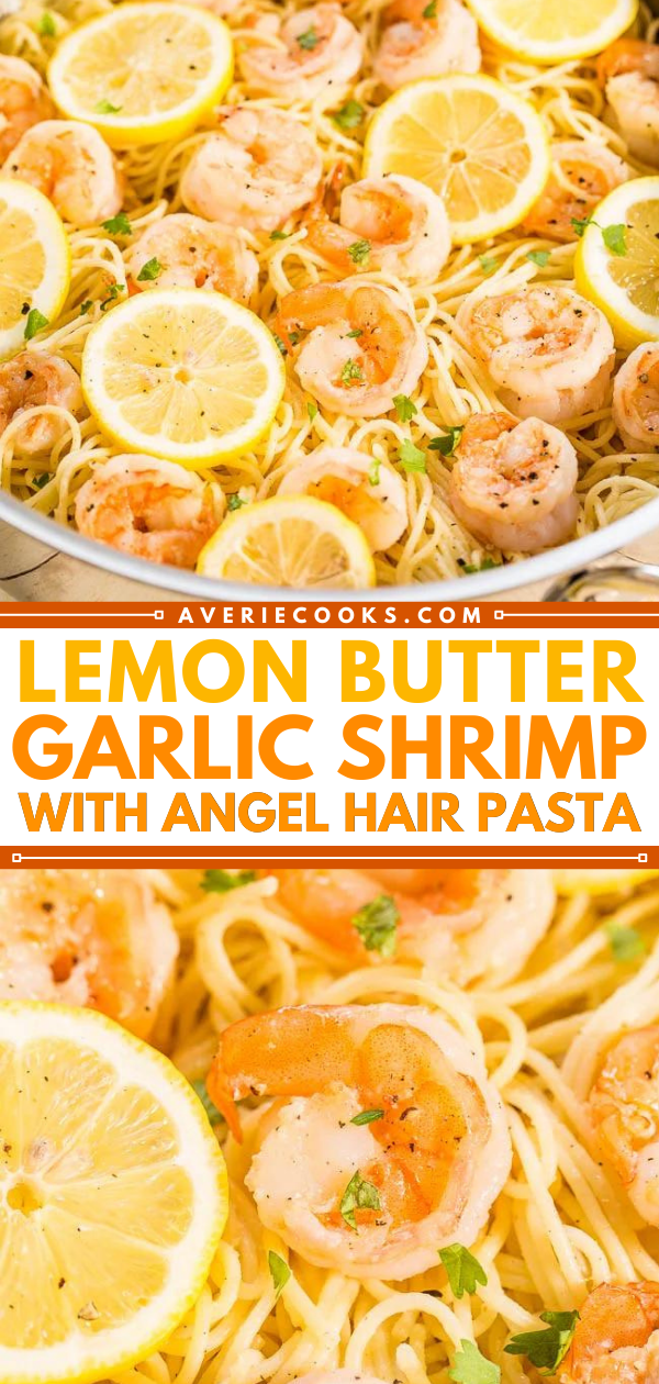 Garlicky Lemon Shrimp Pasta — Buttery noodles with juicy plump shrimp, flavored with lemon and garlic!! A family-friendly dinner recipe that's ready in 15 minutes and it's so EASY!!