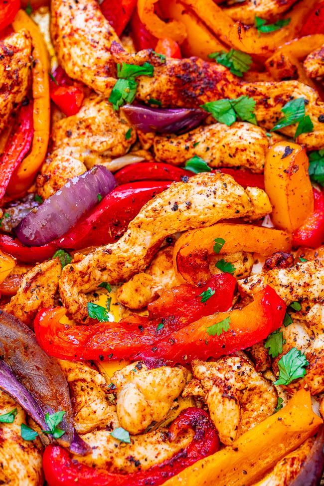 25-Minute Sheet Pan Chicken Fajitas — EASY, ready in no time, tastes AUTHENTIC, and made on ONE sheet pan to keep things simple - especially on busy nights!! Who needs a Mexican restaurant when you can make fajitas this GOOD and healthier at home!!