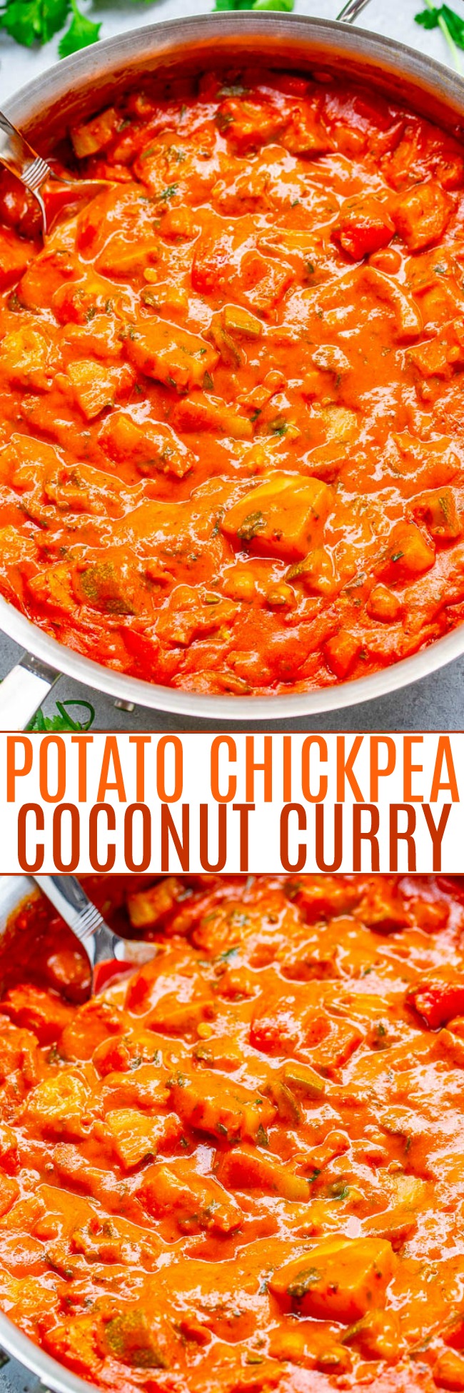 Chickpea and Potato Curry — This vegan, gluten-free curry is pure HEALTHY COMFORT FOOD with a fusion of Thai and Indian flavors!! Hearty, delicious, easy, ready in 30 minutes, and the leftovers freeze wonderfully!!