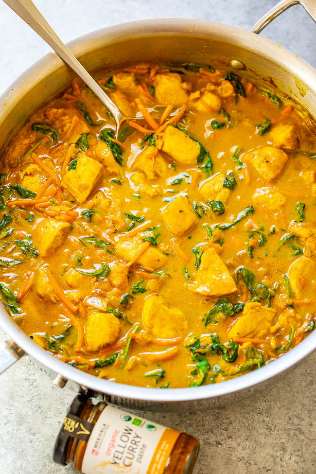 Yellow Thai Chicken Coconut Curry - Better-than-takeout yellow curry is EASY and ready in 25 minutes!! Healthy comfort food with the PERFECT amount of heat and lots of textures and flavors in every bite! Impress your friends and family and make this DELICIOUS curry at home!!