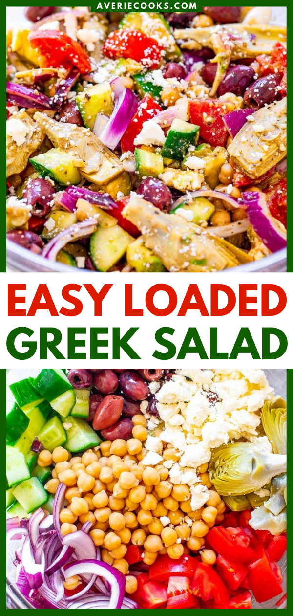 Loaded Greek Salad — An amped up version of a classic Greek salad with avocado, artichokes, garbanzo beans, and more!! The tangy Greek salad dressing is ready in seconds and is a major flavor booster! Naturally gluten-free and vegetarian!!