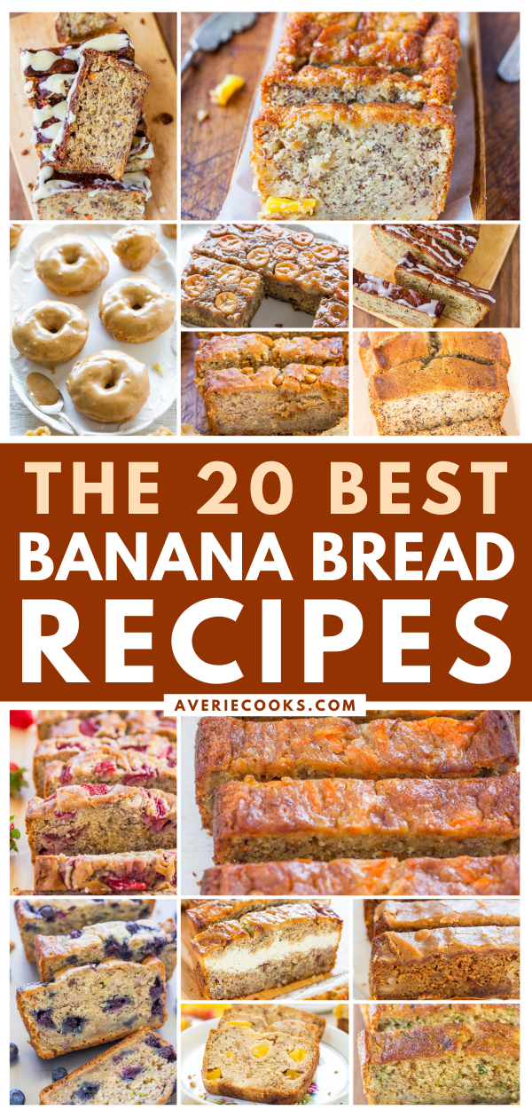 The 20 BEST Banana Bread Recipes - Have ripe bananas? These recipes are just what you need - including banana bread with blueberries, zucchini, carrots, pumpkin, in a slow cooker, in an air fryer - these recipes have you covered!! Bonus: every single recipe is a no-mixer recipe!!