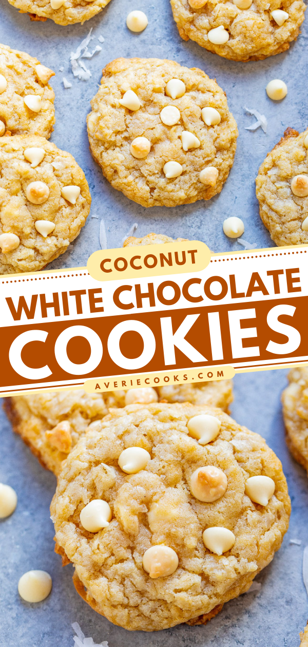Coconut White Chocolate Chip Cookies — Soft, chewy, and so moist thanks to the coconut and browned butter with the PERFECT amount of white chocolate!! If you like white chocolate, you will LOVE these spring and summery-tasting EASY cookies!!