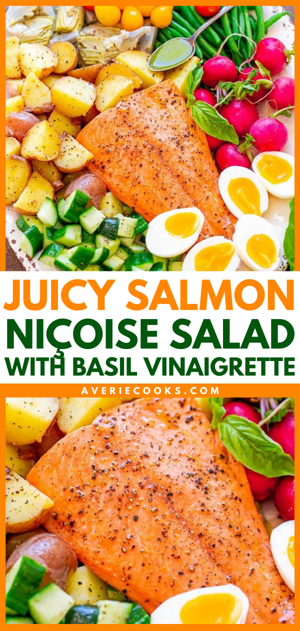 Salmon Niçoise Salad with Basil Vinaigrette — An ELEGANT French-inspired salad with juicy salmon, tender potatoes, soft-boiled eggs, crispy haricots verts, and more. And it's all drizzled with a super FLAVORFUL fresh basil vinaigrette!! This BEAUTIFUL salad has something for everyone!!